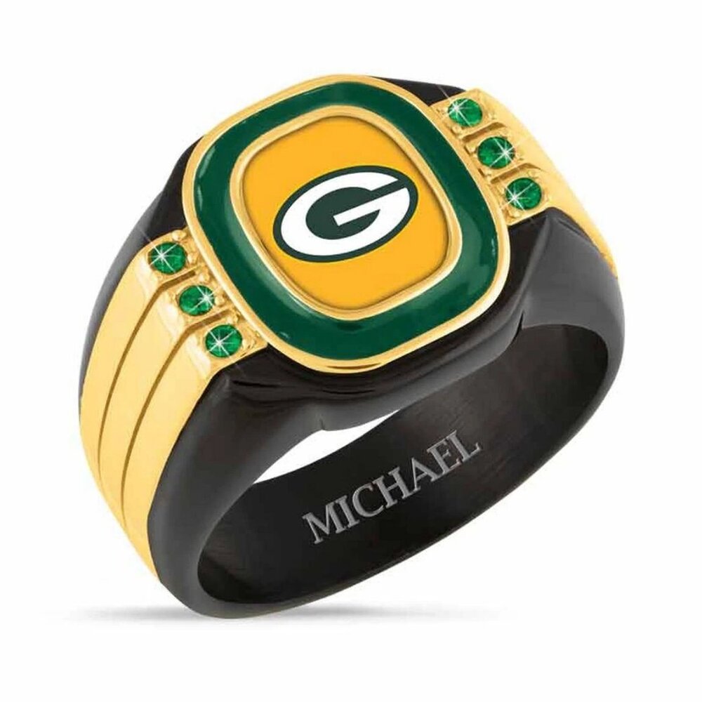GREEN BAY PACKERS Ring Danbury Mint Football NFL NIB Stainless Steel Crystals